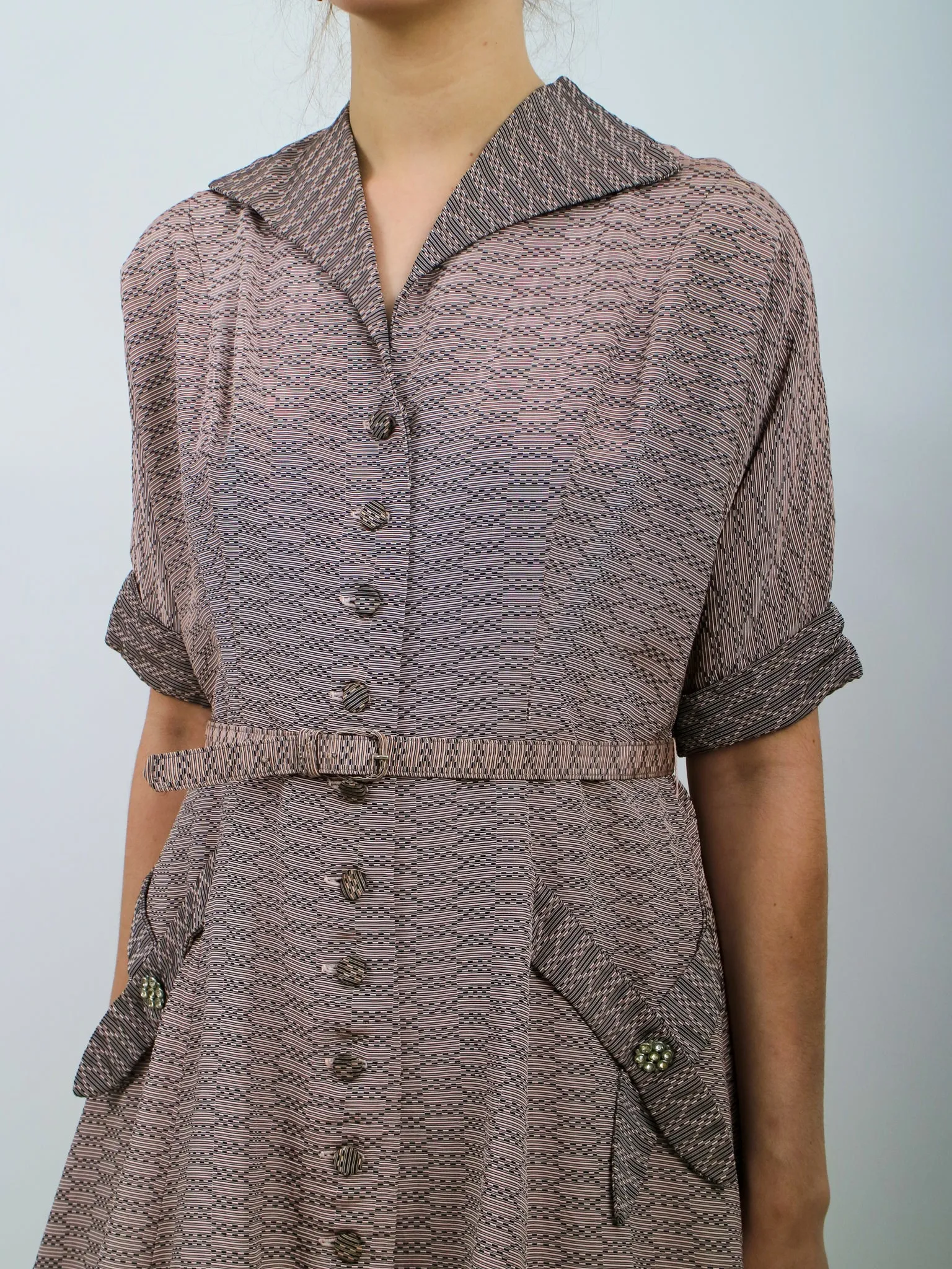 1950s Pink and Black Striped Shirtwaist Cocktail Dress