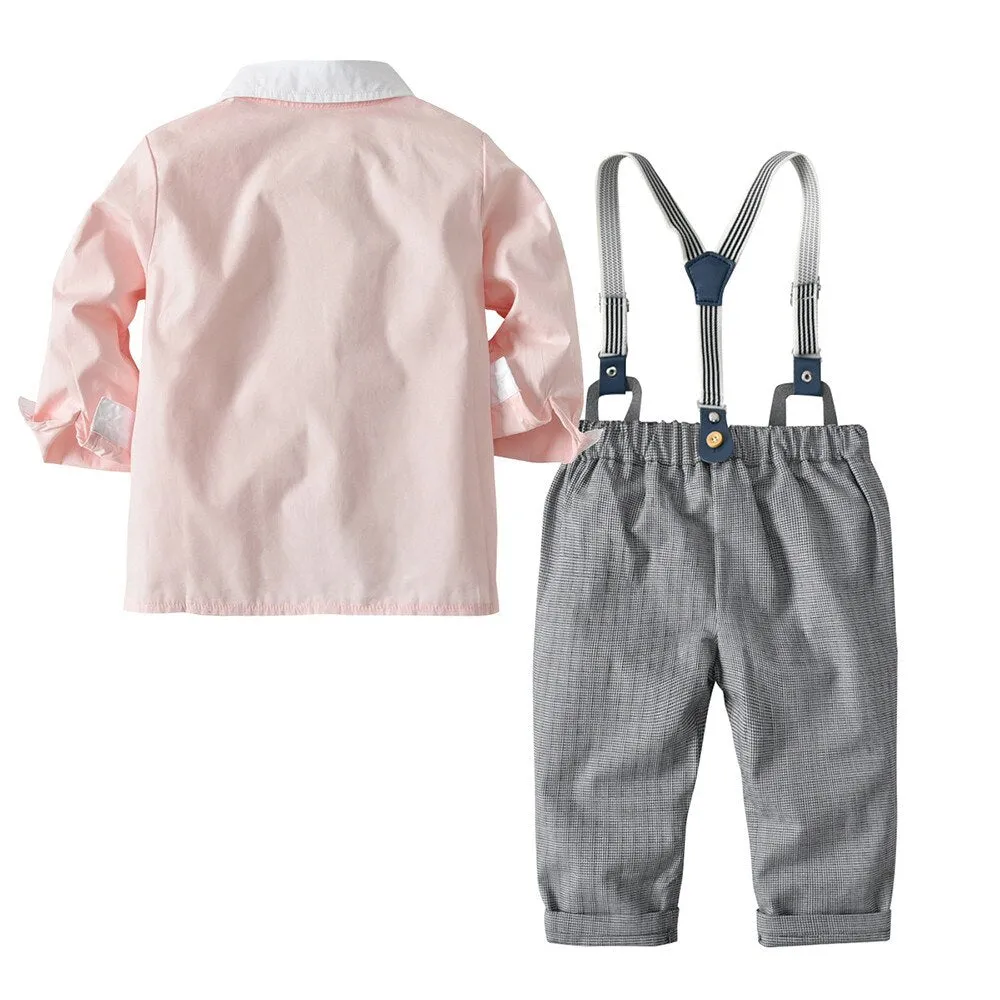 2018 Brand New Fashion Boys Clothes Cotton Long Sleeve Bowtie Gentleman Solid Top T-Shirt Overall Long Pants Baby Clothing Set