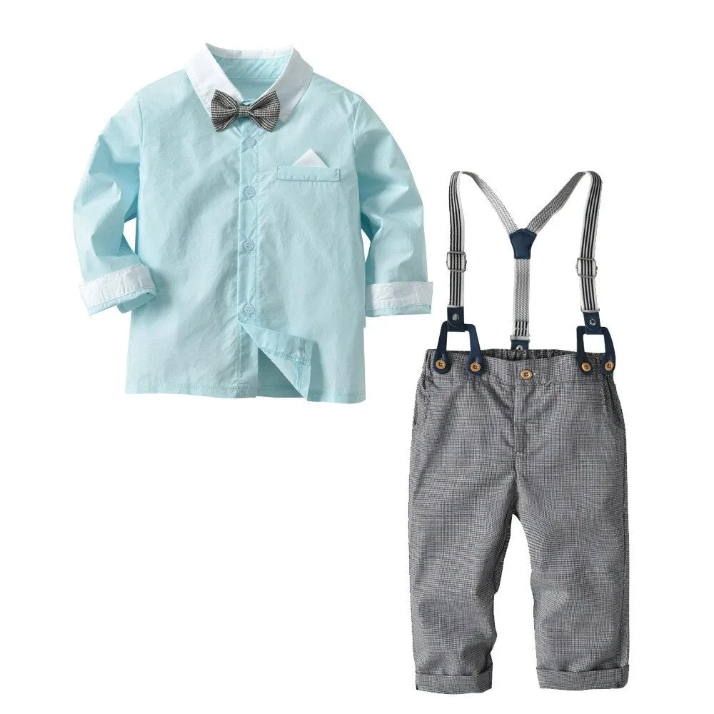 2018 Brand New Fashion Boys Clothes Cotton Long Sleeve Bowtie Gentleman Solid Top T-Shirt Overall Long Pants Baby Clothing Set