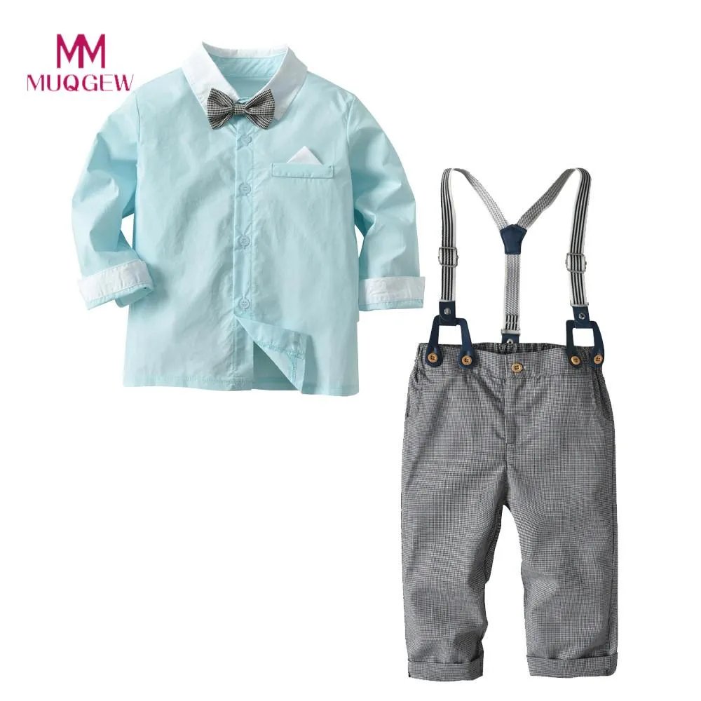 2018 Brand New Fashion Boys Clothes Cotton Long Sleeve Bowtie Gentleman Solid Top T-Shirt Overall Long Pants Baby Clothing Set