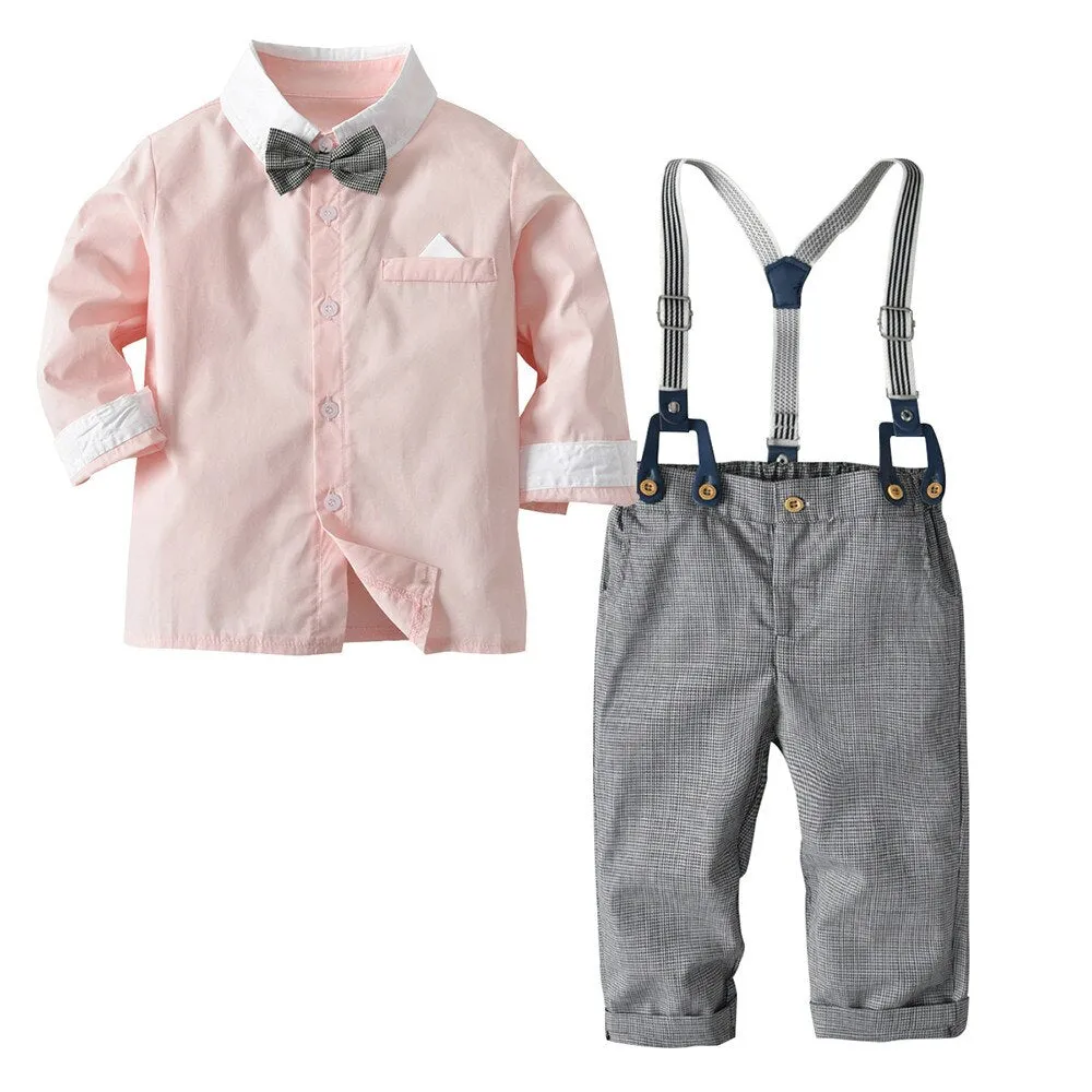 2018 Brand New Fashion Boys Clothes Cotton Long Sleeve Bowtie Gentleman Solid Top T-Shirt Overall Long Pants Baby Clothing Set