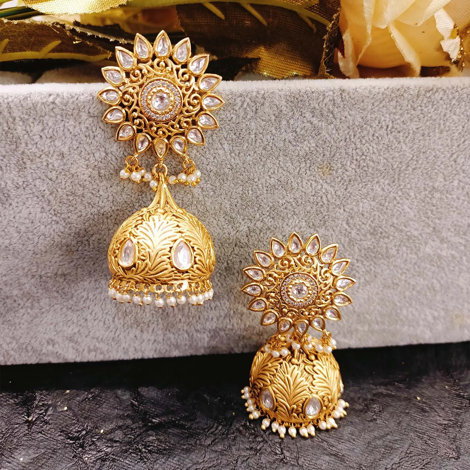 Aashiyana White Stone Gold Plated Kundan jhumki