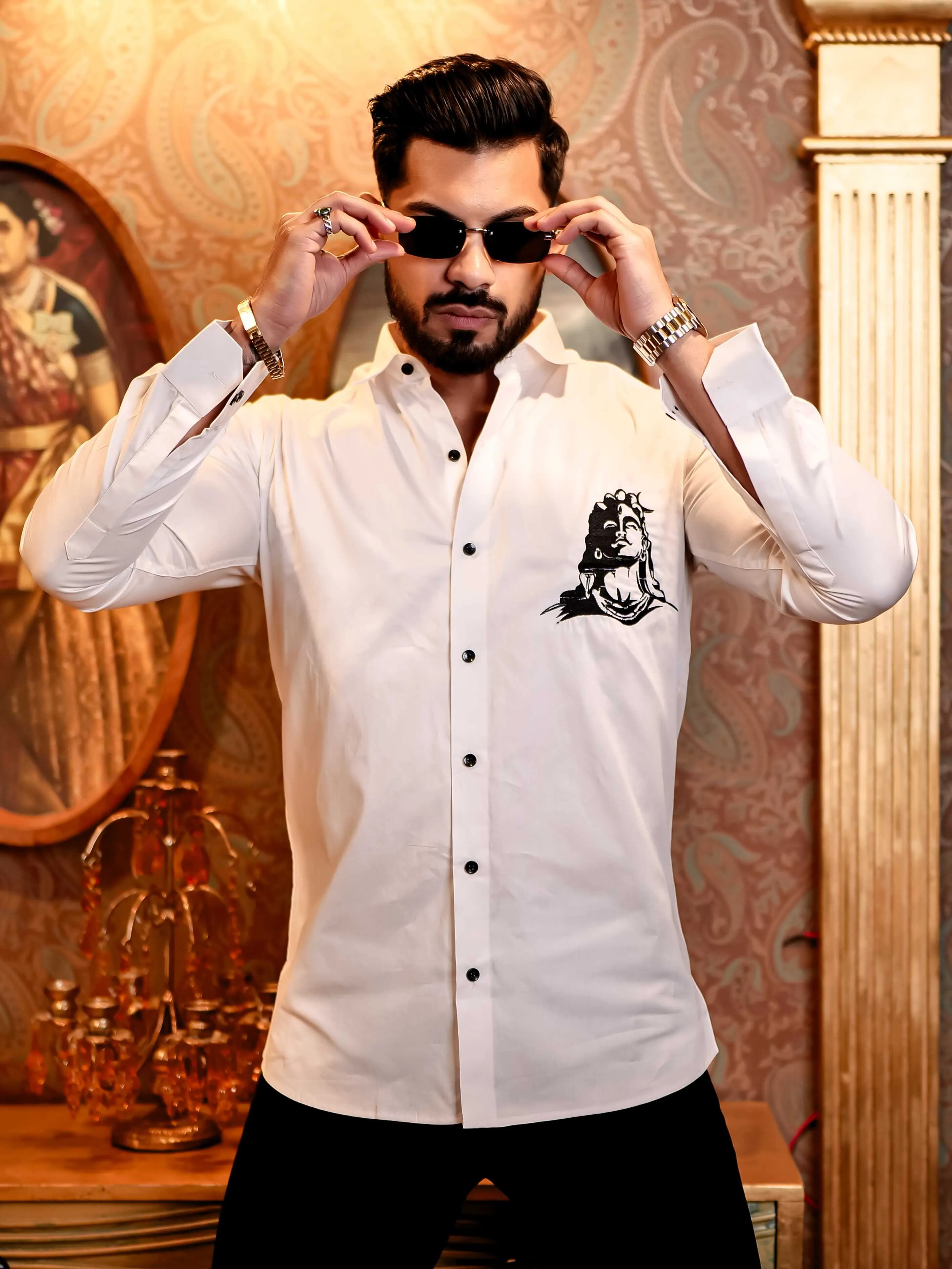 Adiyogi Shiva White Embroidered Designer Satin Cotton Shirt