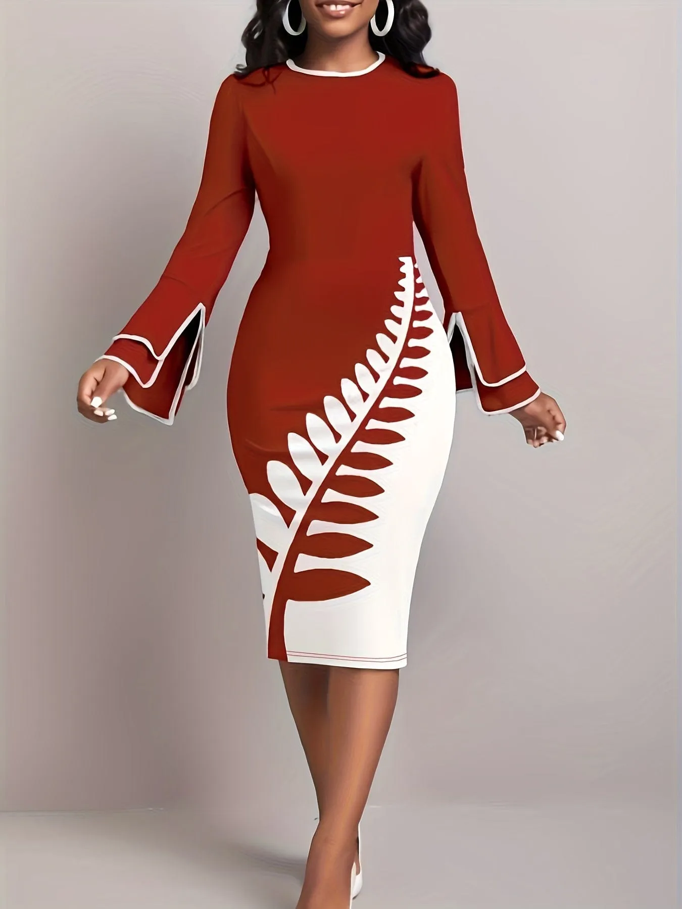 Alpha C Elegant Leaves Print Dress for Women - Perfect for Spring & Fall