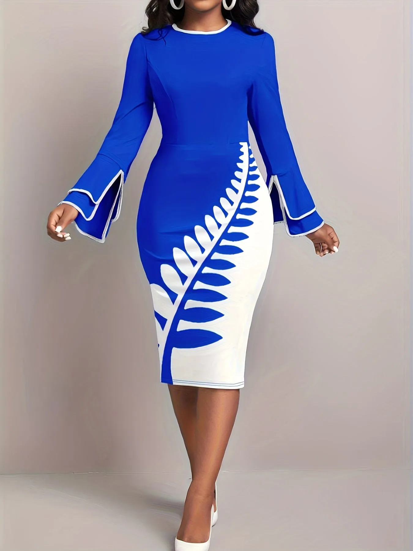 Alpha C Elegant Leaves Print Dress for Women - Perfect for Spring & Fall