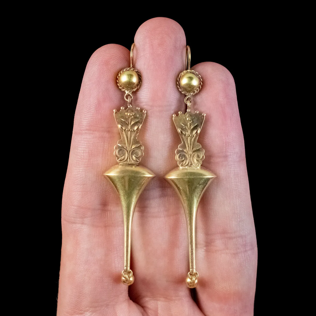 Antique Victorian Etruscan Revival Drop Earrings 15Ct Gold Circa 1880