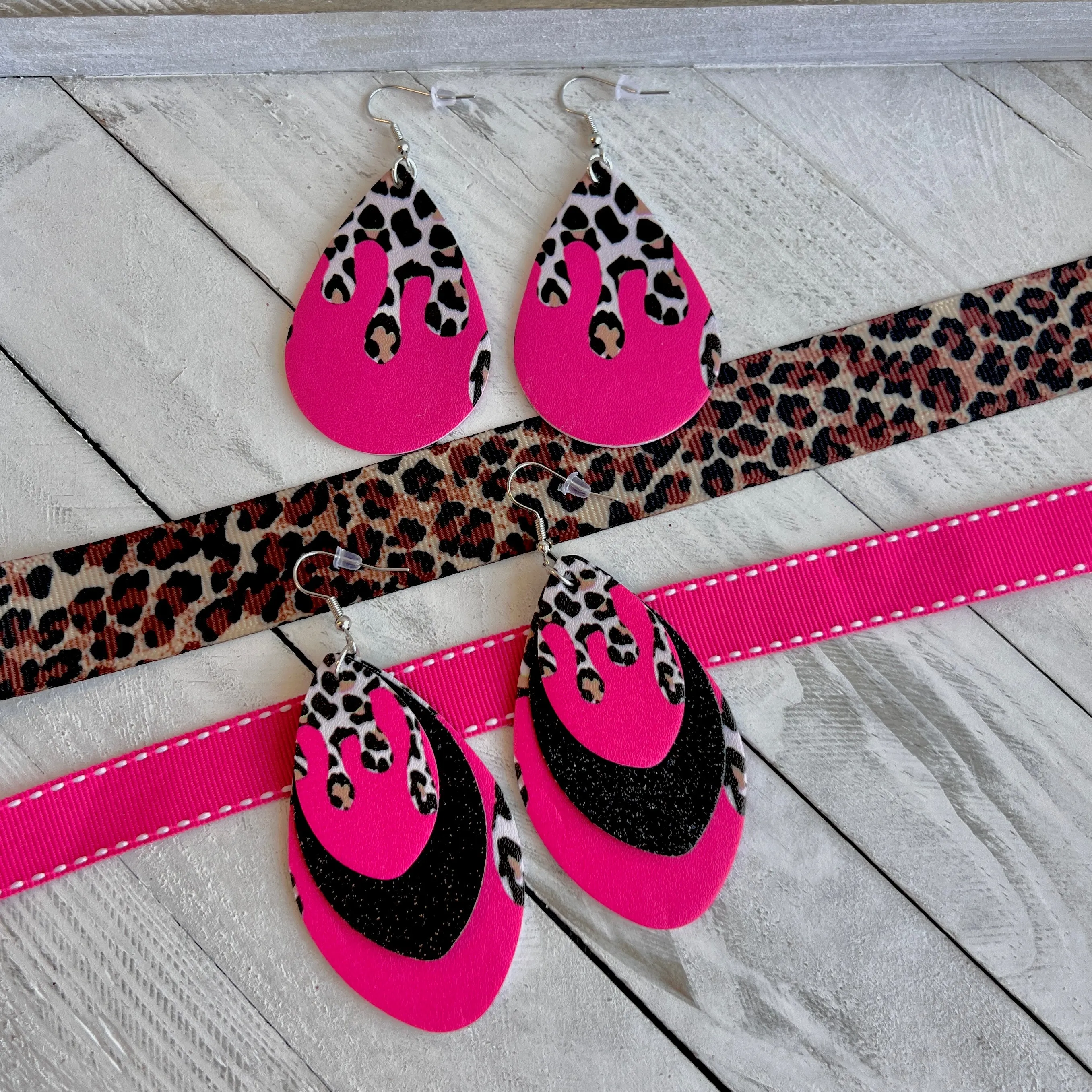 Barbie Pink Leopard Drip Faux Leather Teardrop Ear Bling Two Styles Available