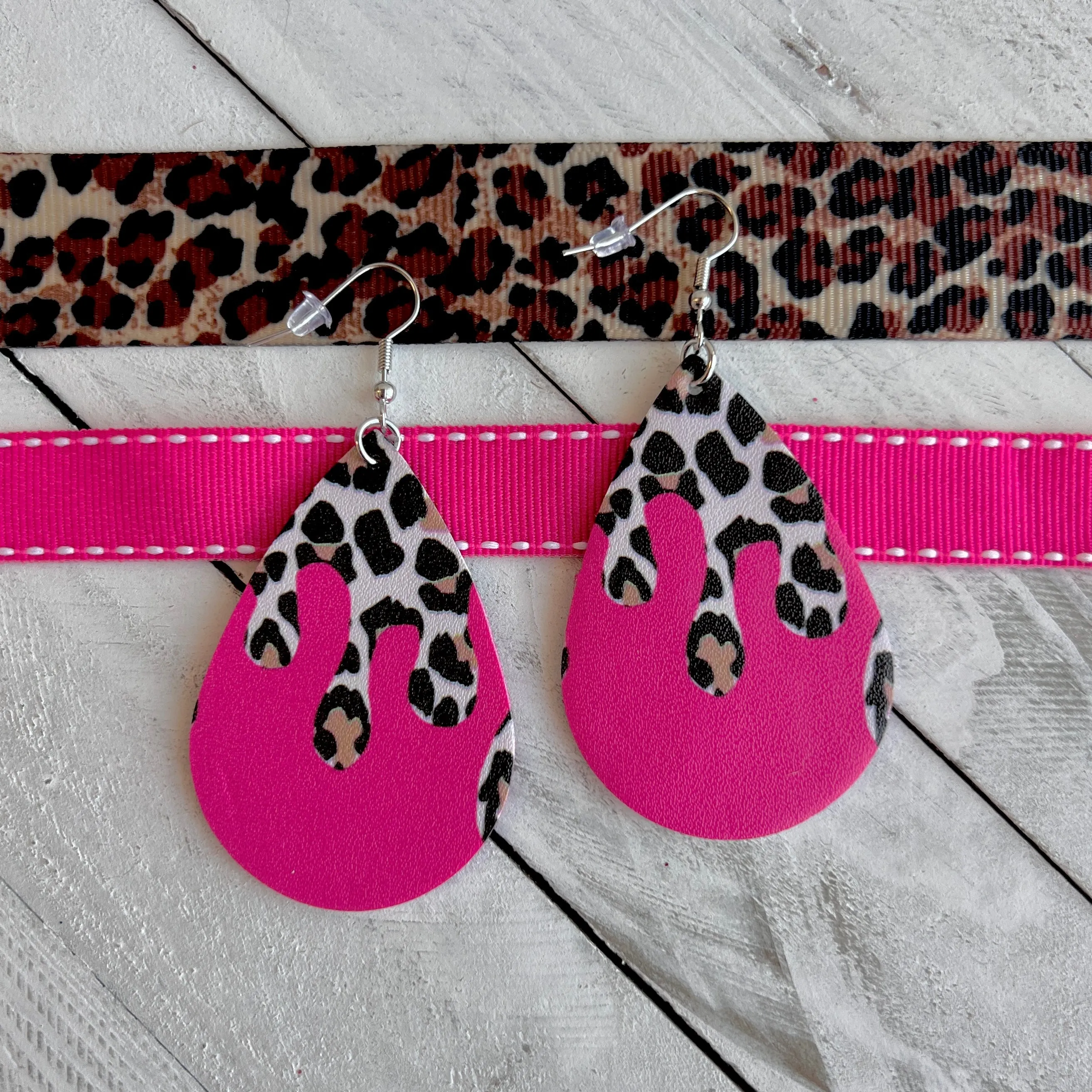 Barbie Pink Leopard Drip Faux Leather Teardrop Ear Bling Two Styles Available