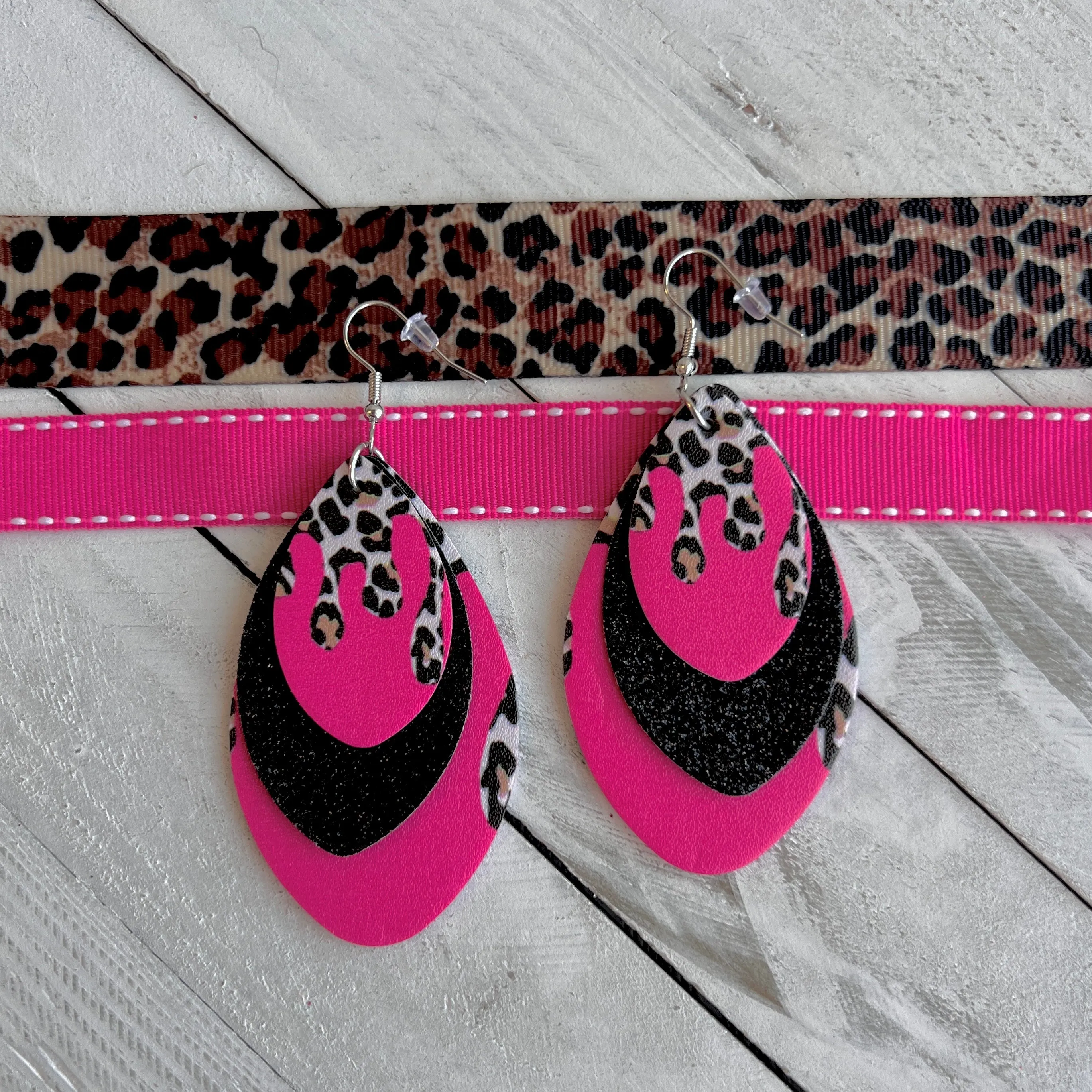 Barbie Pink Leopard Drip Faux Leather Teardrop Ear Bling Two Styles Available