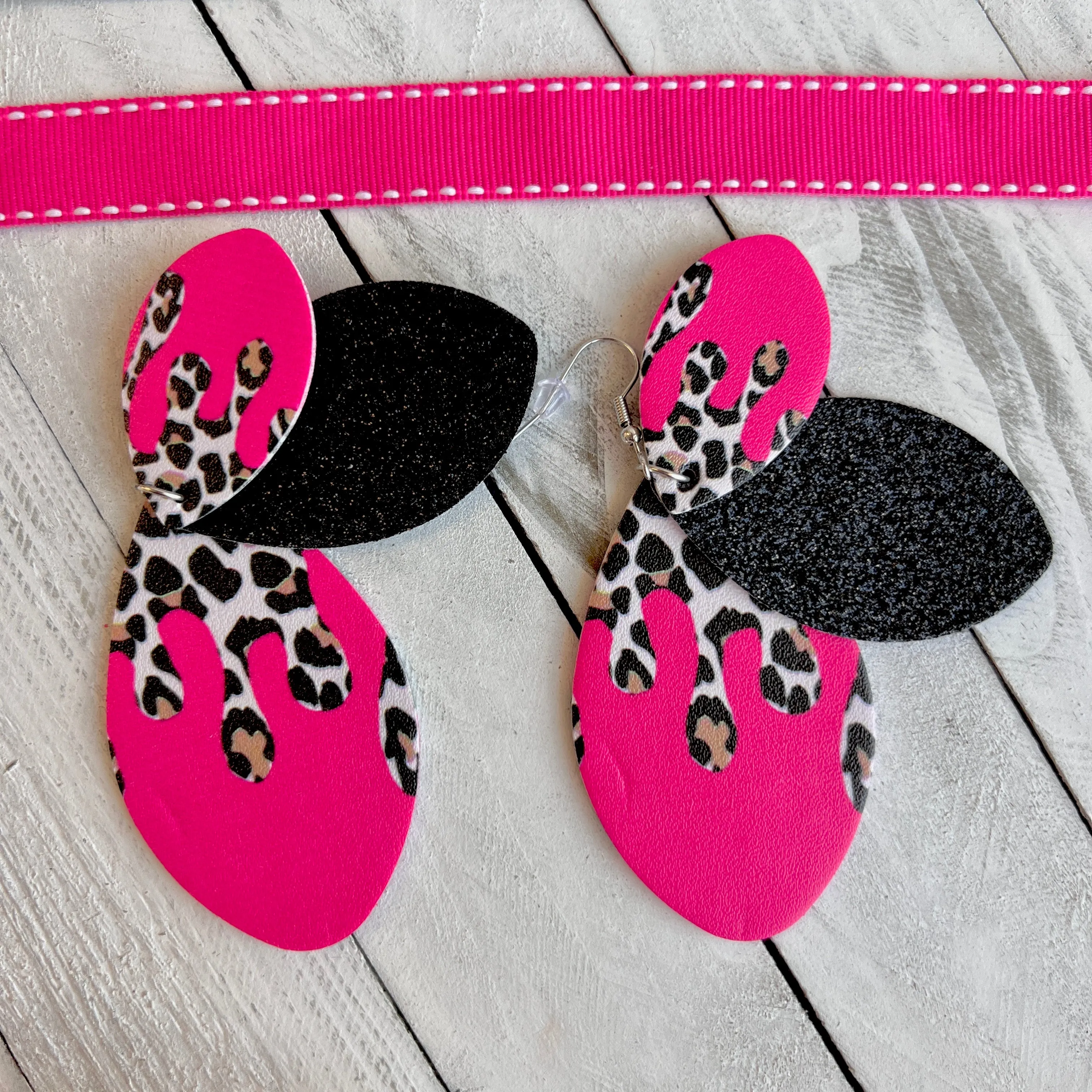 Barbie Pink Leopard Drip Faux Leather Teardrop Ear Bling Two Styles Available