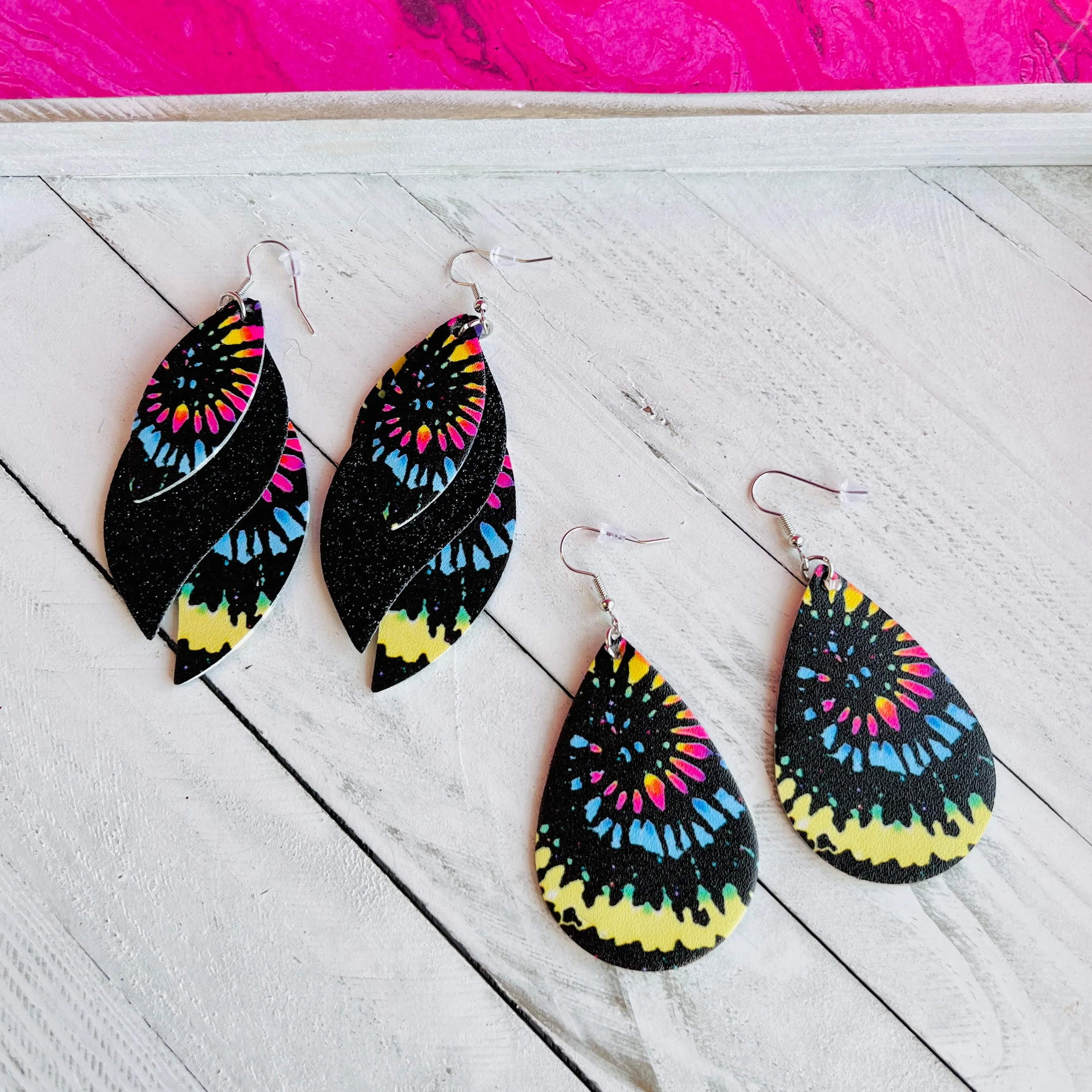 Black Tie Dye Faux Leather Teardrop Ear Bling Two Styles Available