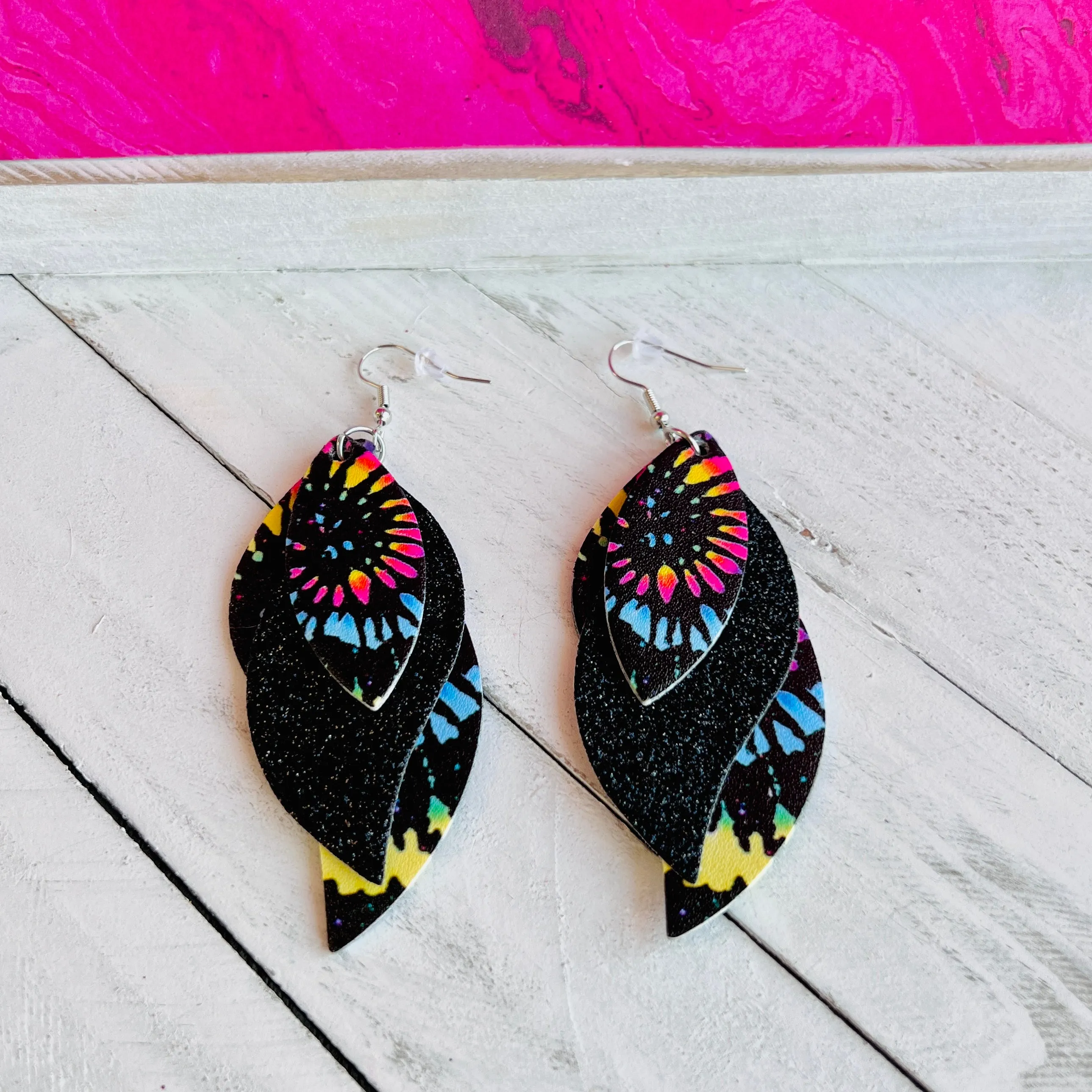 Black Tie Dye Faux Leather Teardrop Ear Bling Two Styles Available