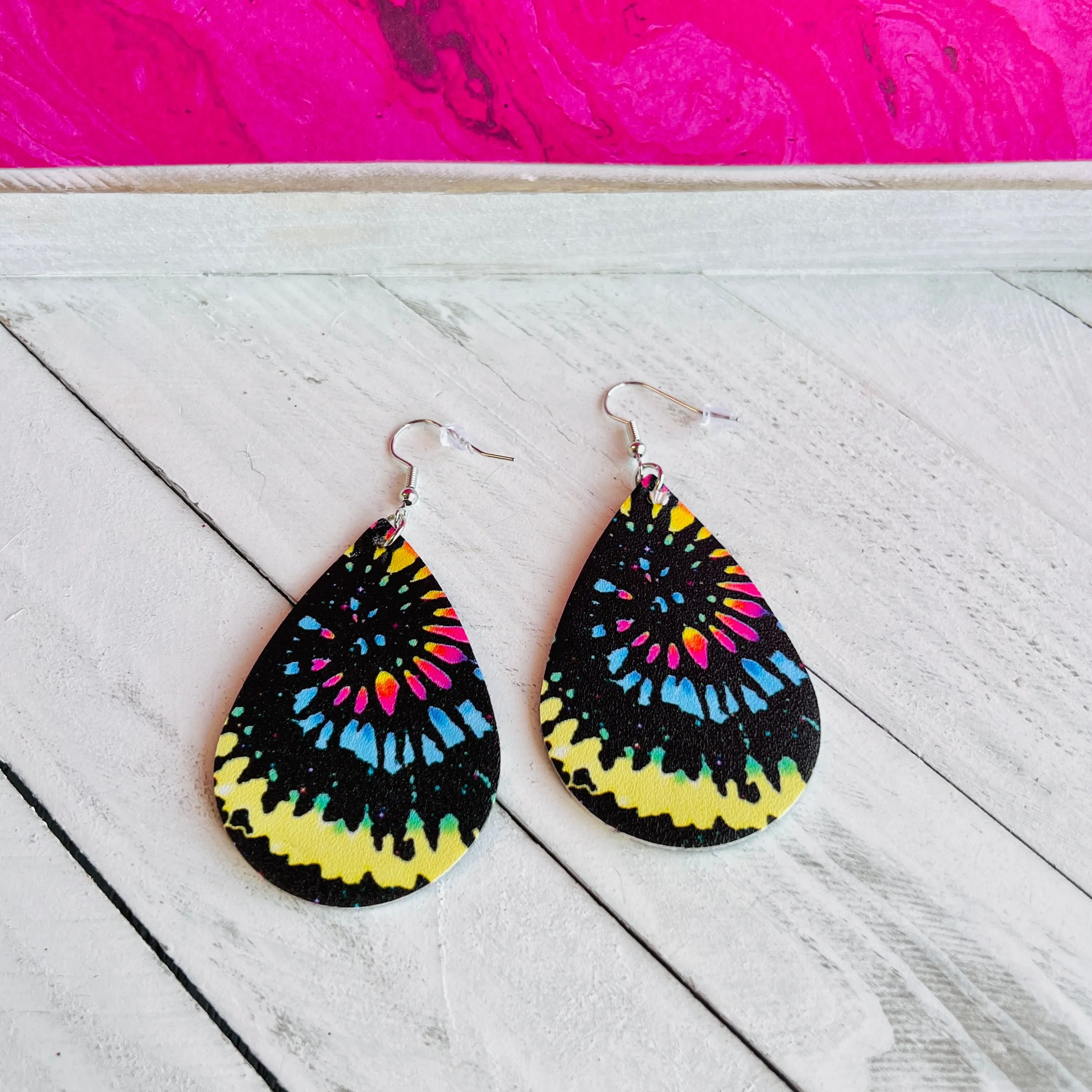Black Tie Dye Faux Leather Teardrop Ear Bling Two Styles Available