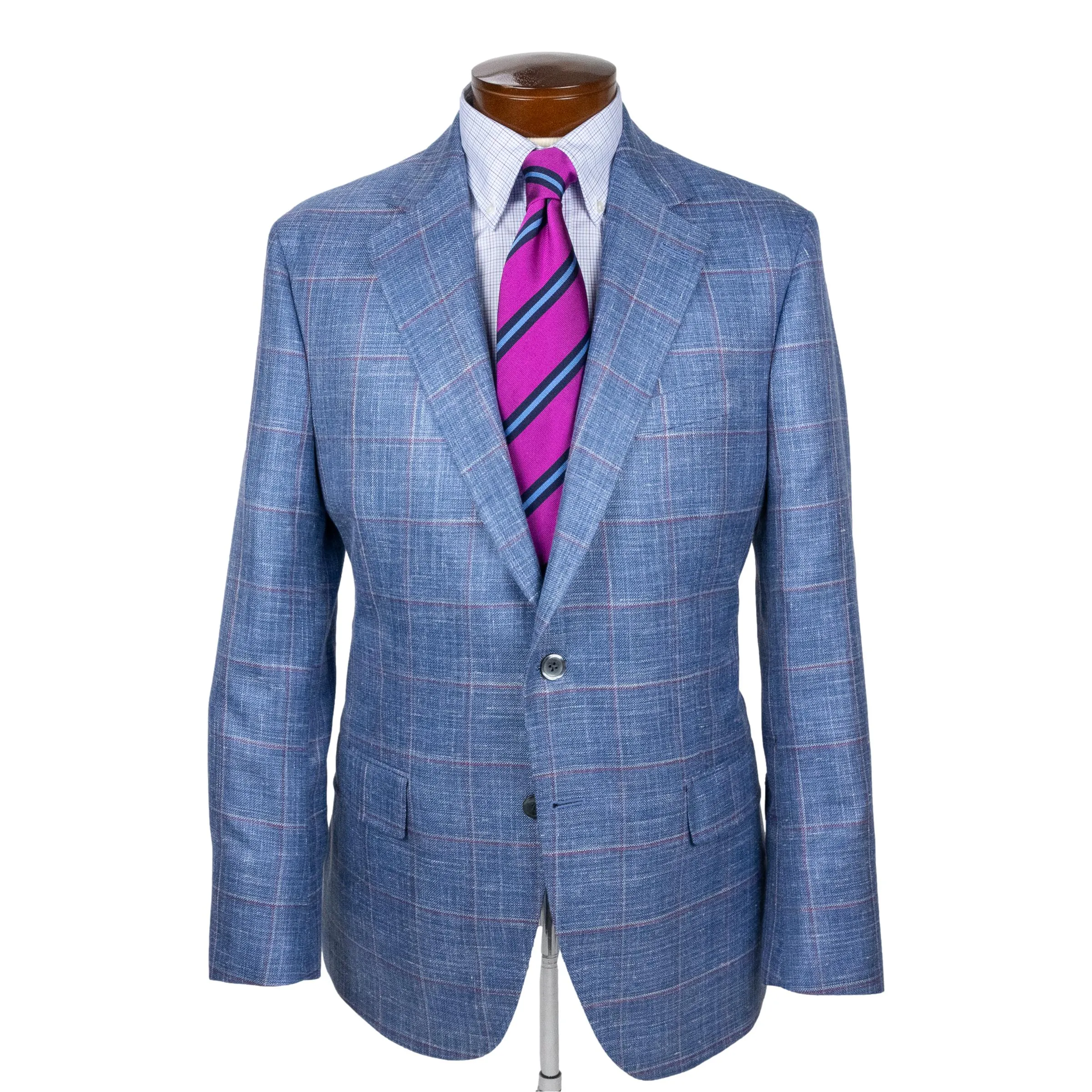 Blue with Cranberry and White Windowpane Wool, Silk, and Linen Sport Coat