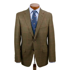 Brown Herringbone with Red and Orange Windowpane Wool Sport Coat