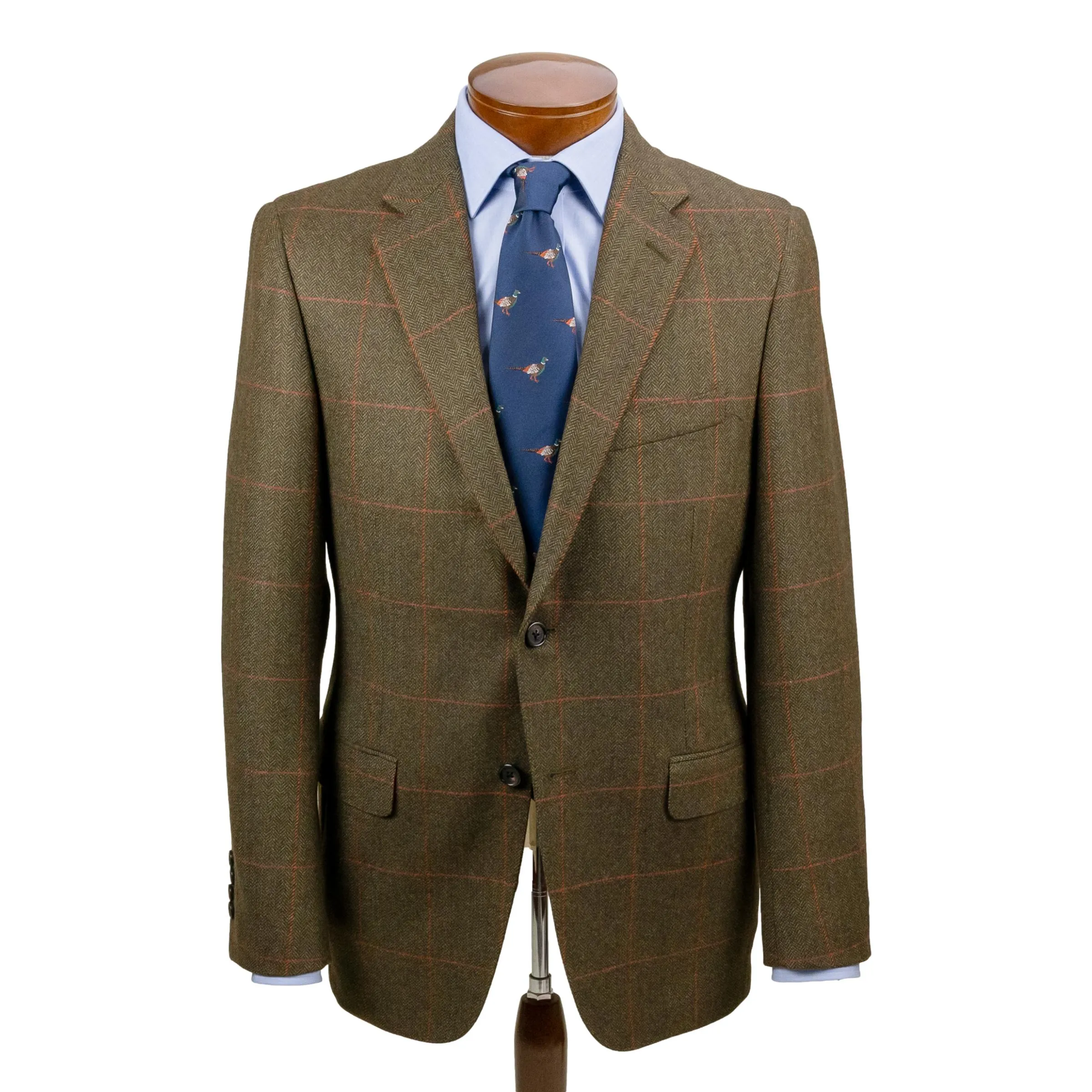 Brown Herringbone with Red and Orange Windowpane Wool Sport Coat