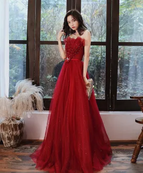 Burgundy Tulle Long Prom Dress Tulle Formal Dress