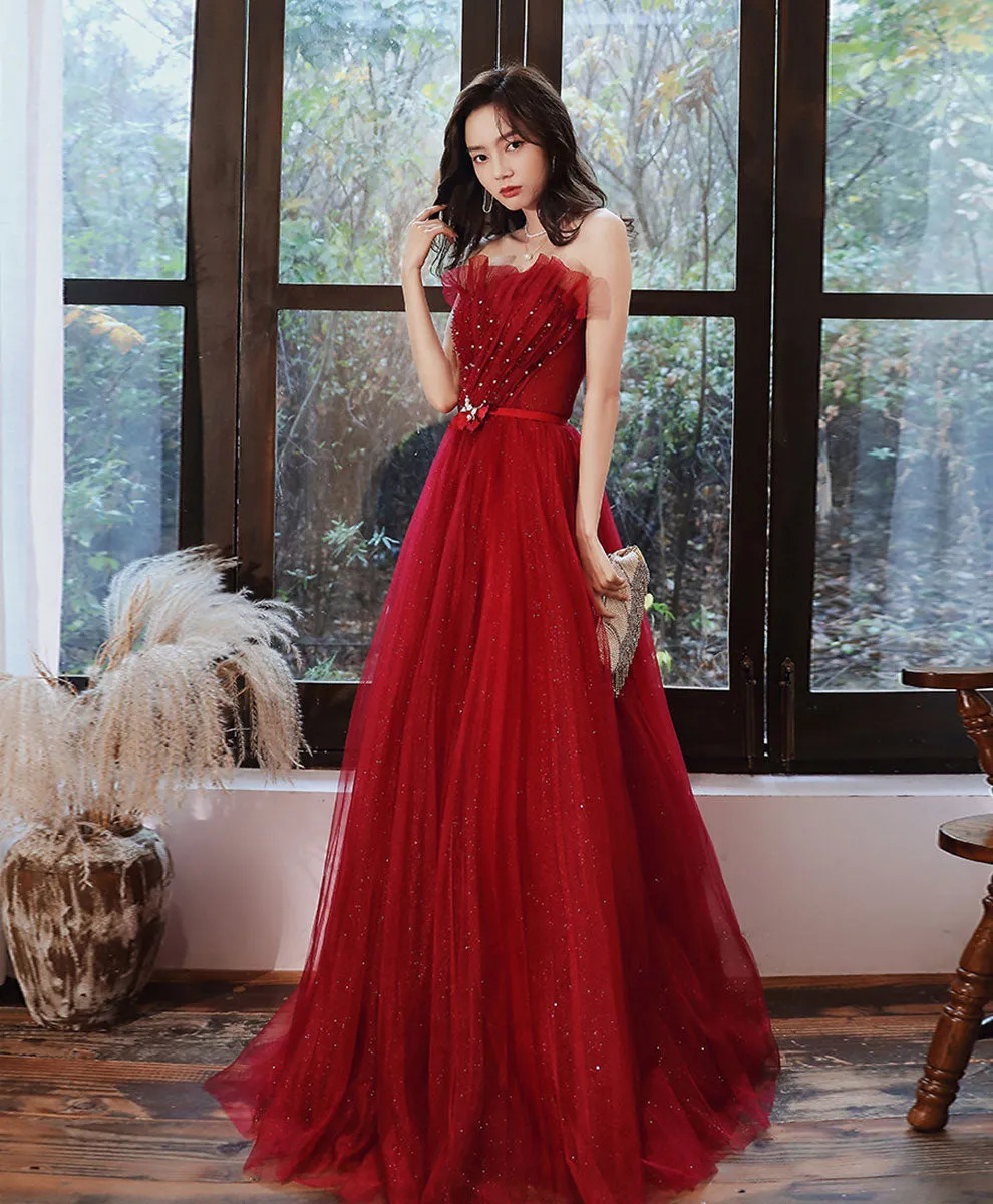 Burgundy Tulle Long Prom Dress Tulle Formal Dress