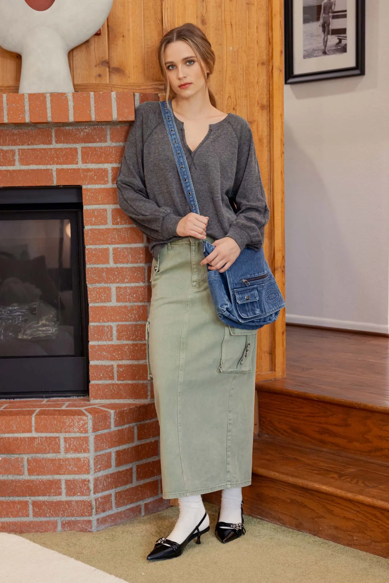 CARGO DENIM BACK SLIT MIDI SKIRT