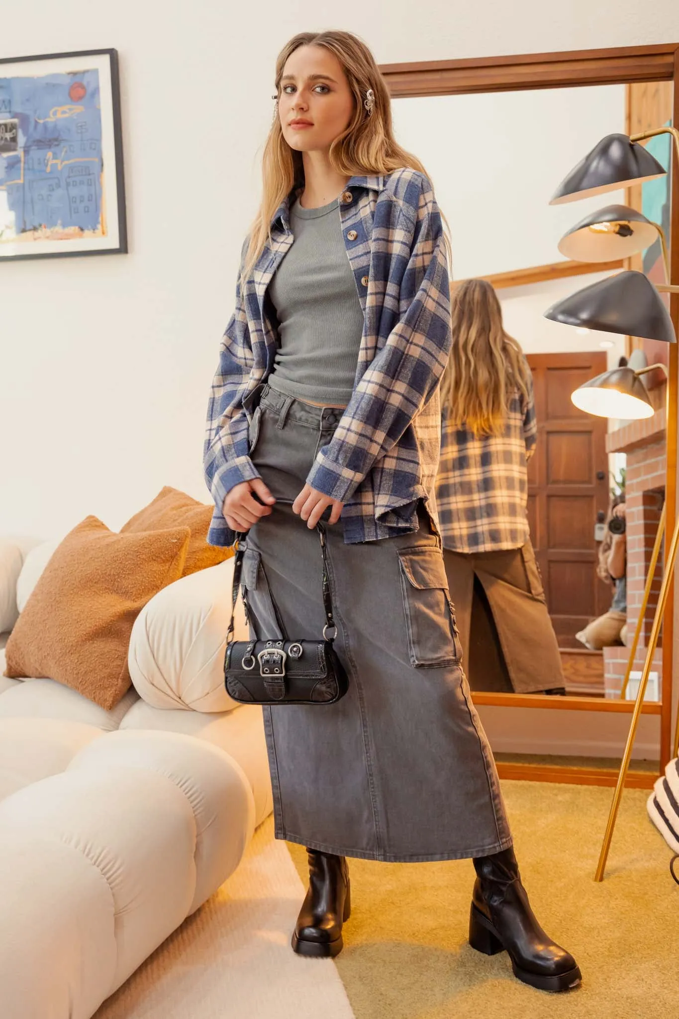 CARGO DENIM BACK SLIT MIDI SKIRT