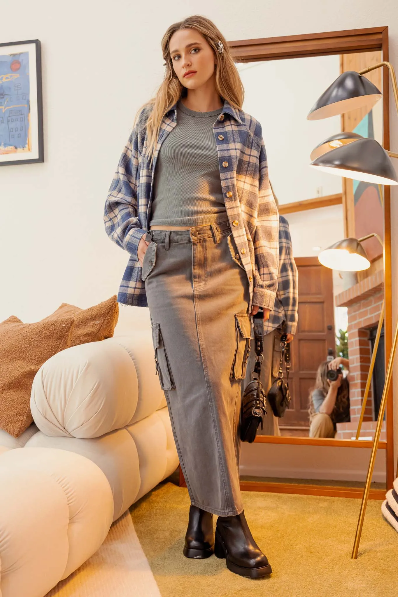CARGO DENIM BACK SLIT MIDI SKIRT