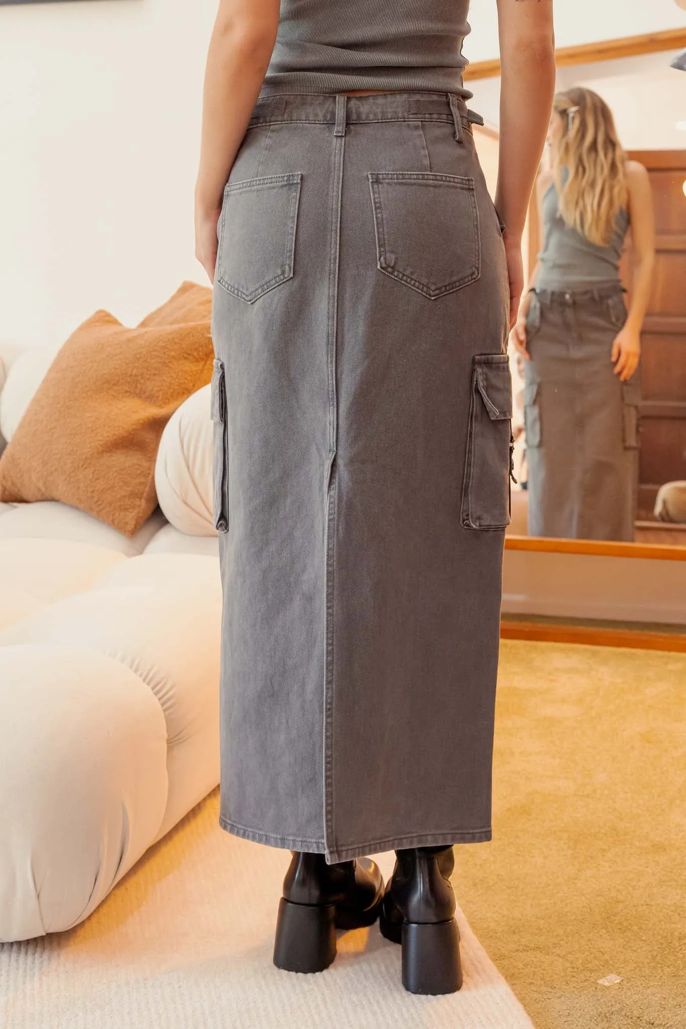 CARGO DENIM BACK SLIT MIDI SKIRT