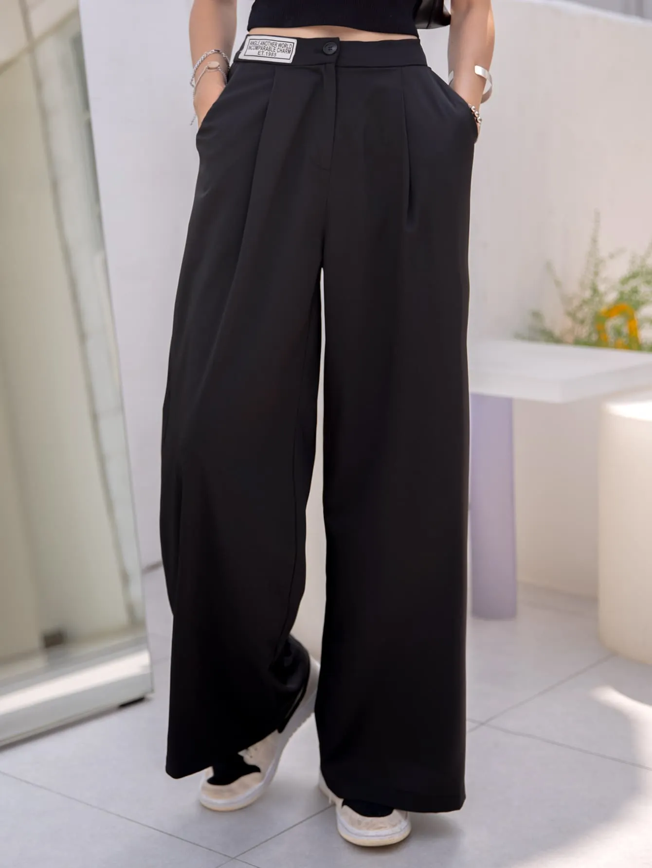 Casual Plain Patched High Waist Long Women Pants