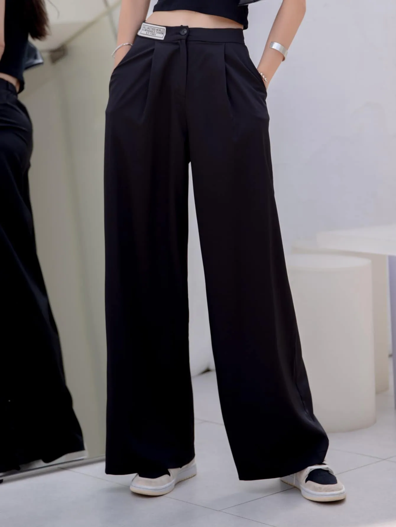 Casual Plain Patched High Waist Long Women Pants