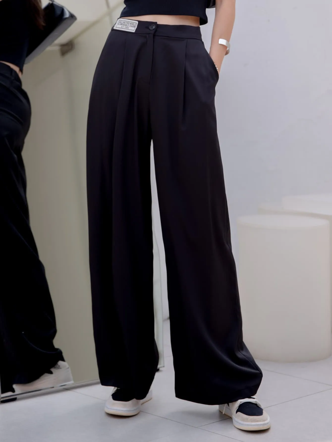 Casual Plain Patched High Waist Long Women Pants