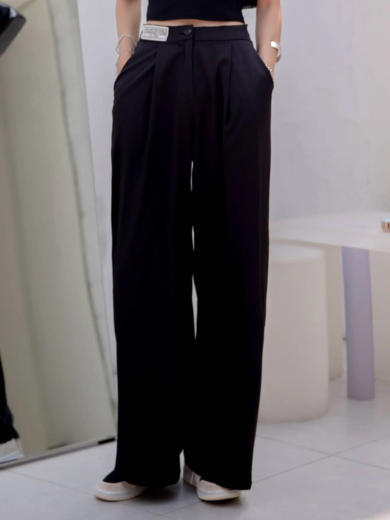 Casual Plain Patched High Waist Long Women Pants
