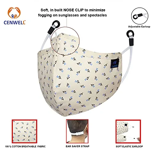 Cenwell 5 Pcs Pure Cotton Face Mask with Nose Pin, Melt Blown Layer, Adjustable Ear Loop & Ear Saver Strap, Reusable, Washable, Breathable Designer Fabric Mask For Men & Women (Multicolour)