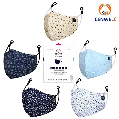 Cenwell 5 Pcs Pure Cotton Face Mask with Nose Pin, Melt Blown Layer, Adjustable Ear Loop & Ear Saver Strap, Reusable, Washable, Breathable Designer Fabric Mask For Men & Women (Multicolour)