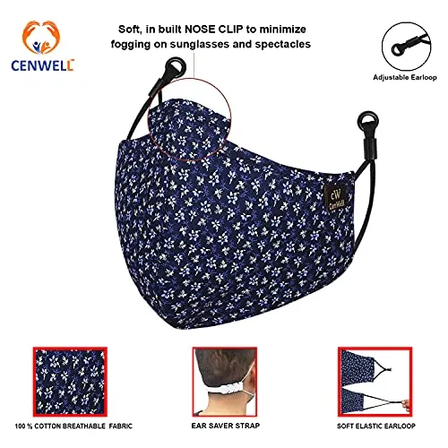 Cenwell 5 Pcs Pure Cotton Face Mask with Nose Pin, Melt Blown Layer, Adjustable Ear Loop & Ear Saver Strap, Reusable, Washable, Breathable Designer Fabric Mask For Men & Women (Multicolour)