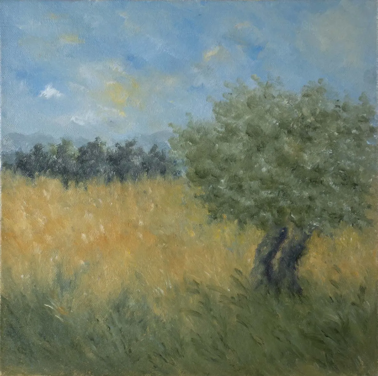 Contemporary landscape painting by Karibou - “Chemin de la montagne” 14¼" x 14¼"