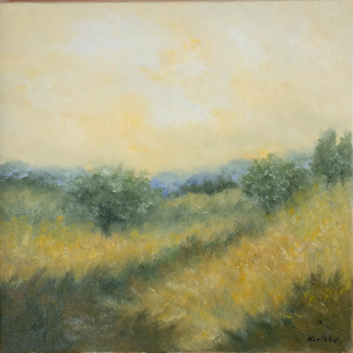 Contemporary landscape painting by Karibou - “Chemin de la montagne” 14¼" x 14¼"