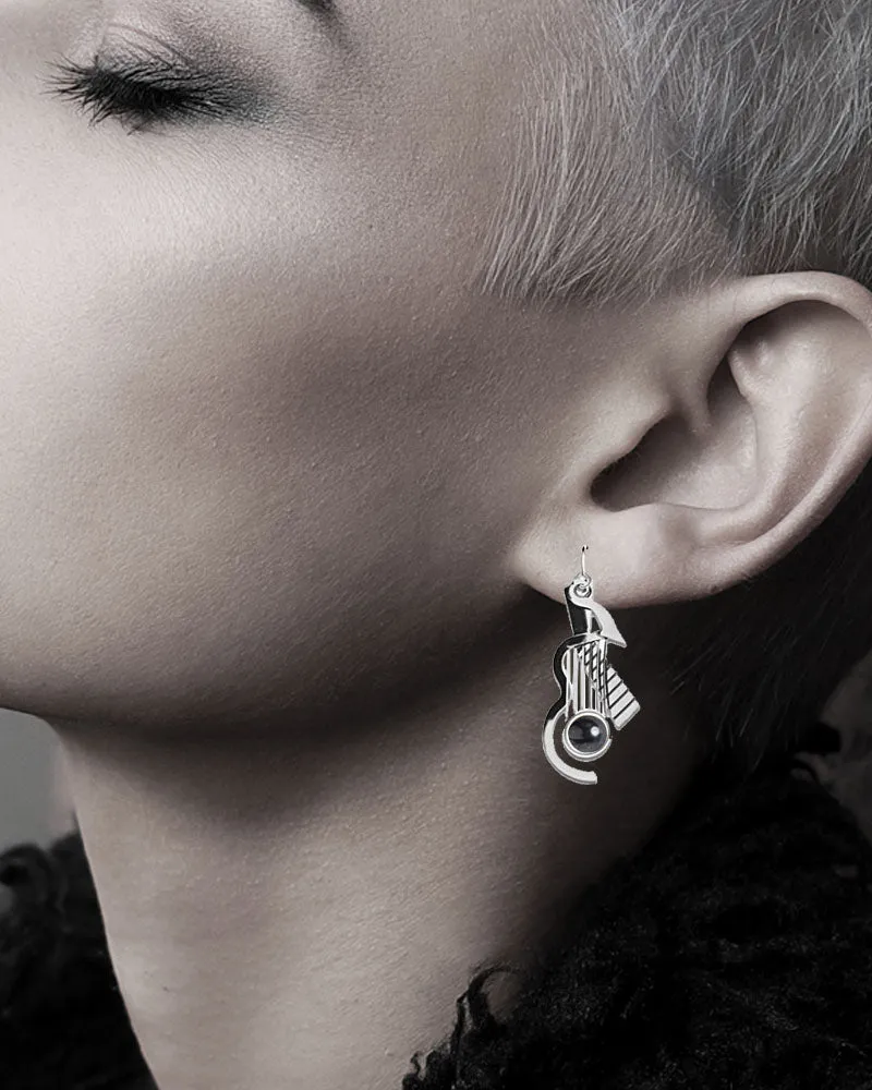 Cubist Guitar Black Glass Bead Earrings - Silver