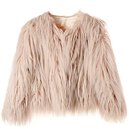 Dikoaina Women's Solid Color Shaggy Faux Fur Coat Jacket (US12, Pink)