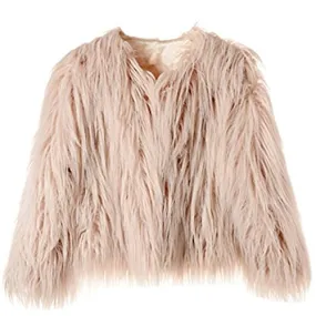 Dikoaina Women's Solid Color Shaggy Faux Fur Coat Jacket (US12, Pink)