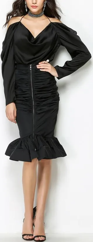 Draped Satin Blouse & Ruched Zip Skirt Set - Grey or Black