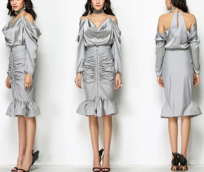 Draped Satin Blouse & Ruched Zip Skirt Set - Grey or Black