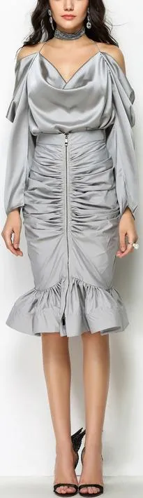 Draped Satin Blouse & Ruched Zip Skirt Set - Grey or Black