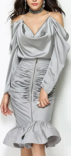 Draped Satin Blouse & Ruched Zip Skirt Set - Grey or Black