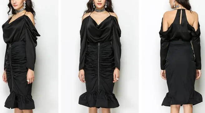 Draped Satin Blouse & Ruched Zip Skirt Set - Grey or Black