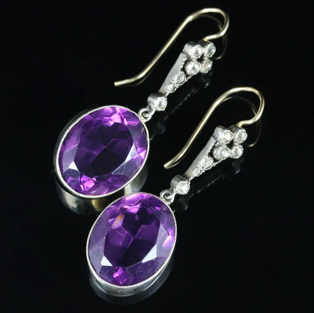 Edwardian Style Purple Paste Earrings Silver 18ct Gold Wires