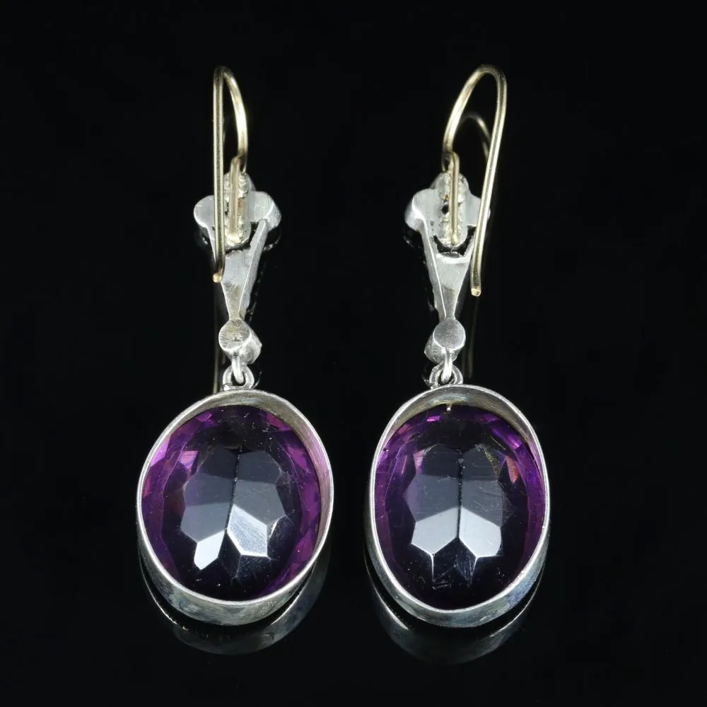 Edwardian Style Purple Paste Earrings Silver 18ct Gold Wires