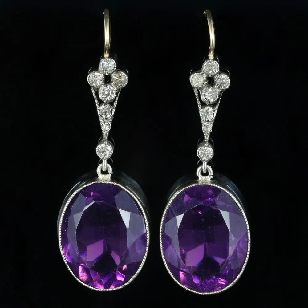 Edwardian Style Purple Paste Earrings Silver 18ct Gold Wires