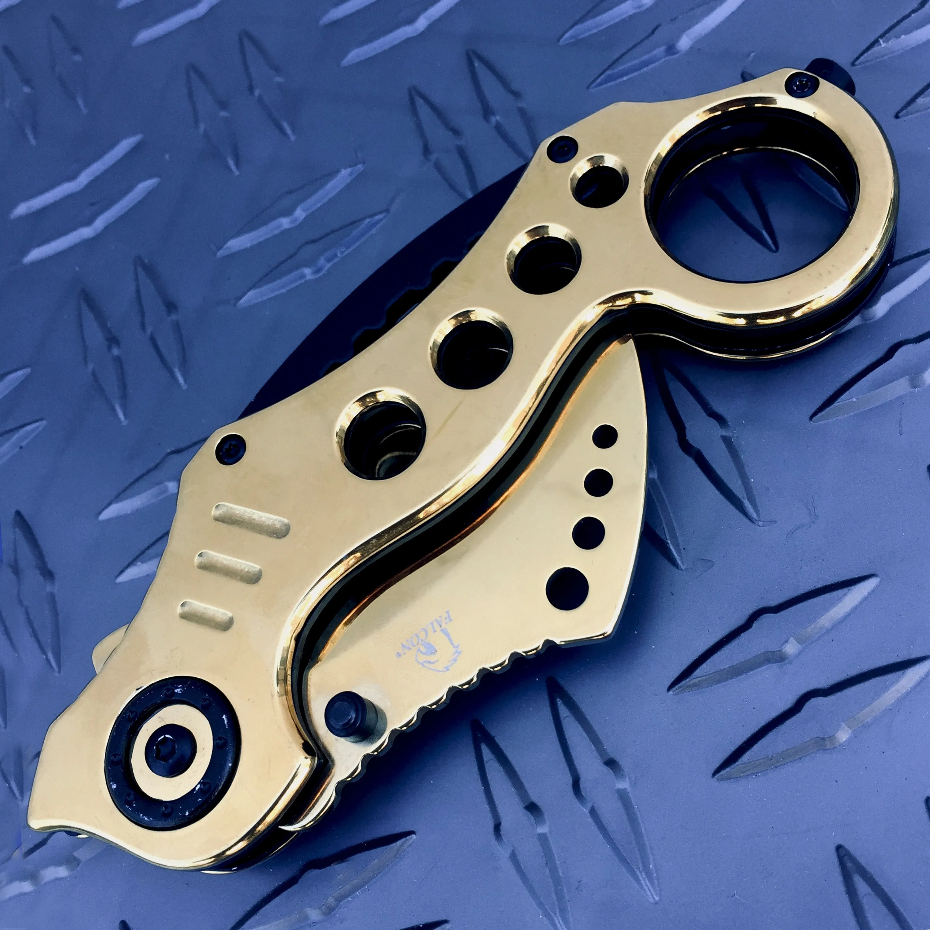 Falcon 7.5" Overall Gold Spring Assisted Karambit Knife