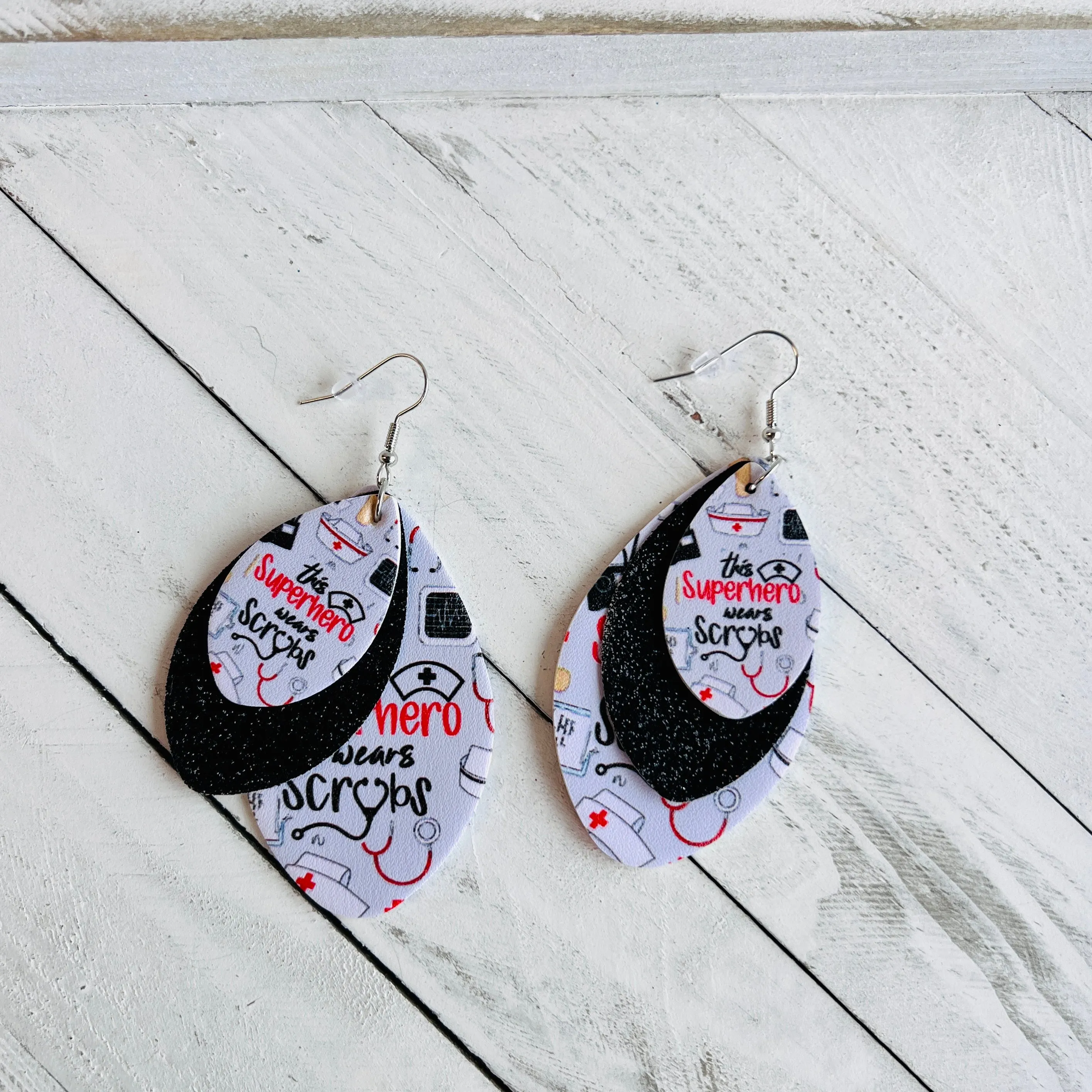 Fancy Scrubs Faux Leather Teardrop Ear Bling Two Styles Available