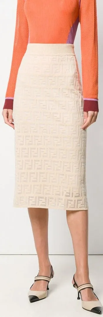 FF Motif Knitted Skirt, Beige