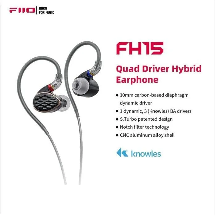 FiiO FH15 1DD   3 BA Hybrid Technology In-Ear Earphone With 3.5mm/4.4mm MMCX Cable
